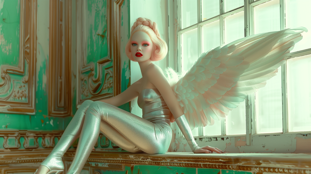 A woman in a stunning silver outfit is elegantly seated on a window sill in this digital painting. She exudes an angelic aura with her wings gracefully spread behind her. The woman''s captivating presence is enhanced by her red lipstick and pink wig. A hat is also visible in the image, adding a touch of sophistication to her overall look. The color palette features shades of green, brown, and white, creating a harmonious and serene atmosphere. The woman appears youthful, around 23 years old, and her feminine features are highlighted by the soft lighting. This artwork beautifully captures a moment of poise and beauty.