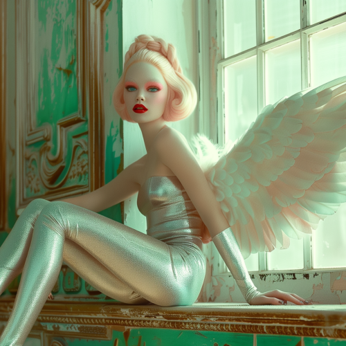 A woman in a stunning silver outfit is elegantly seated on a window sill in this digital painting. She exudes an angelic aura with her wings gracefully spread behind her. The woman''s captivating presence is enhanced by her red lipstick and pink wig. A hat is also visible in the image, adding a touch of sophistication to her overall look. The color palette features shades of green, brown, and white, creating a harmonious and serene atmosphere. The woman appears youthful, around 23 years old, and her feminine features are highlighted by the soft lighting. This artwork beautifully captures a moment of poise and beauty.