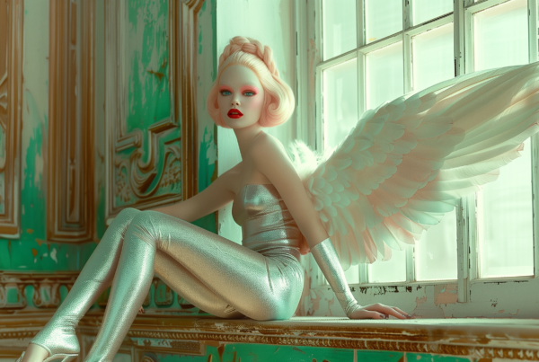 A woman in a stunning silver outfit is elegantly seated on a window sill in this digital painting. She exudes an angelic aura with her wings gracefully spread behind her. The woman''s captivating presence is enhanced by her red lipstick and pink wig. A hat is also visible in the image, adding a touch of sophistication to her overall look. The color palette features shades of green, brown, and white, creating a harmonious and serene atmosphere. The woman appears youthful, around 23 years old, and her feminine features are highlighted by the soft lighting. This artwork beautifully captures a moment of poise and beauty.
