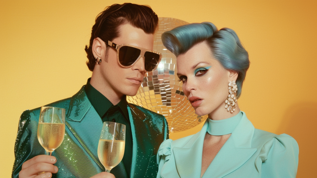 In this image, we see a man and a woman standing together in front of a disco ball. The woman has blue hair and is holding a wine glass, while the man is wearing sunglasses and holding a wine glass as well. The woman is wearing a green dress and the man is wearing a tie. The background is illuminated with green and yellow lights, creating a festive and lively atmosphere. The two figures are the focal point of the image, with their expressions suggesting they are enjoying a special moment together.