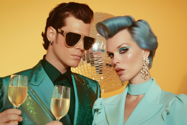 In this image, we see a man and a woman standing together in front of a disco ball. The woman has blue hair and is holding a wine glass, while the man is wearing sunglasses and holding a wine glass as well. The woman is wearing a green dress and the man is wearing a tie. The background is illuminated with green and yellow lights, creating a festive and lively atmosphere. The two figures are the focal point of the image, with their expressions suggesting they are enjoying a special moment together.