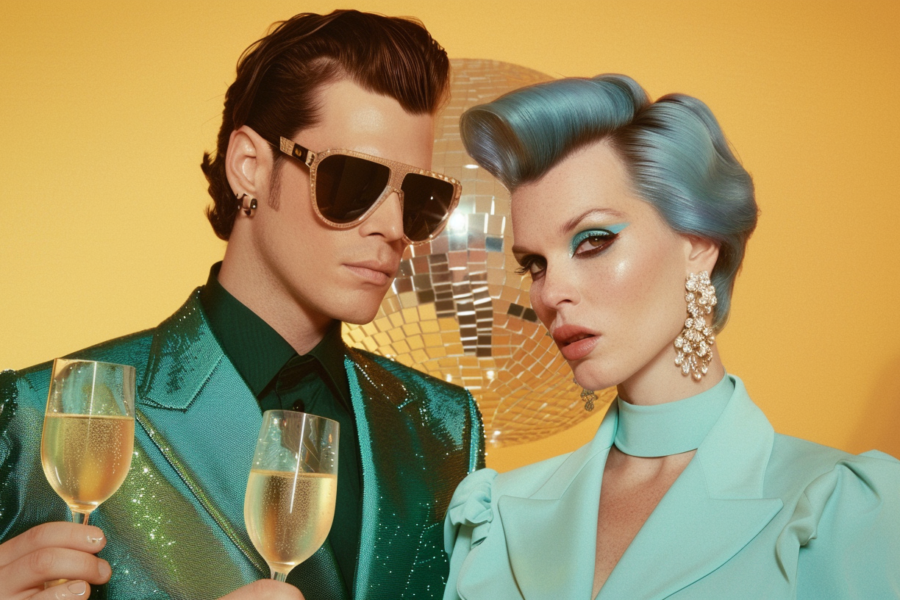In this image, we see a man and a woman standing together in front of a disco ball. The woman has blue hair and is holding a wine glass, while the man is wearing sunglasses and holding a wine glass as well. The woman is wearing a green dress and the man is wearing a tie. The background is illuminated with green and yellow lights, creating a festive and lively atmosphere. The two figures are the focal point of the image, with their expressions suggesting they are enjoying a special moment together.