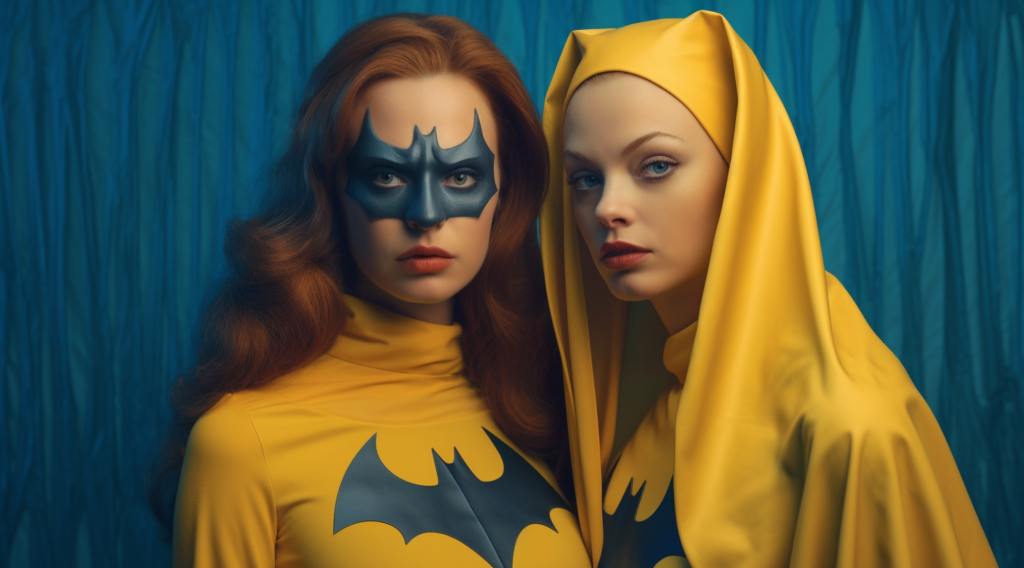 In this image, two women are seen dressed in costumes inspired by the characters Batman and Batgirl. The first woman is dressed in a black and yellow Batgirl costume, complete with a mask, while the second woman is dressed in a Batman costume with a cape. Both women are wearing masks covering their faces. The women are posing confidently, embodying the characters they are portraying. The colors in the image include shades of black, yellow, and blue, adding to the overall superhero theme. The women appear to be enjoying themselves in their elaborate costumes, creating a fun and lively atmosphere.