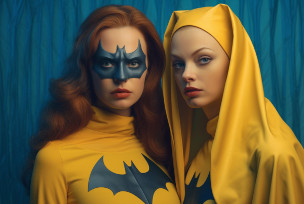 In this image, two women are seen dressed in costumes inspired by the characters Batman and Batgirl. The first woman is dressed in a black and yellow Batgirl costume, complete with a mask, while the second woman is dressed in a Batman costume with a cape. Both women are wearing masks covering their faces. The women are posing confidently, embodying the characters they are portraying. The colors in the image include shades of black, yellow, and blue, adding to the overall superhero theme. The women appear to be enjoying themselves in their elaborate costumes, creating a fun and lively atmosphere.
