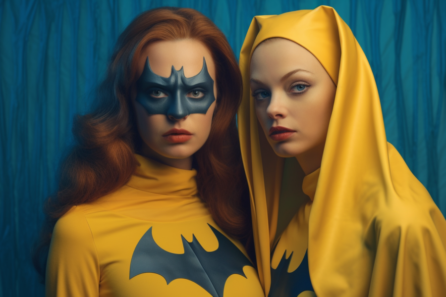 In this image, two women are seen dressed in costumes inspired by the characters Batman and Batgirl. The first woman is dressed in a black and yellow Batgirl costume, complete with a mask, while the second woman is dressed in a Batman costume with a cape. Both women are wearing masks covering their faces. The women are posing confidently, embodying the characters they are portraying. The colors in the image include shades of black, yellow, and blue, adding to the overall superhero theme. The women appear to be enjoying themselves in their elaborate costumes, creating a fun and lively atmosphere.