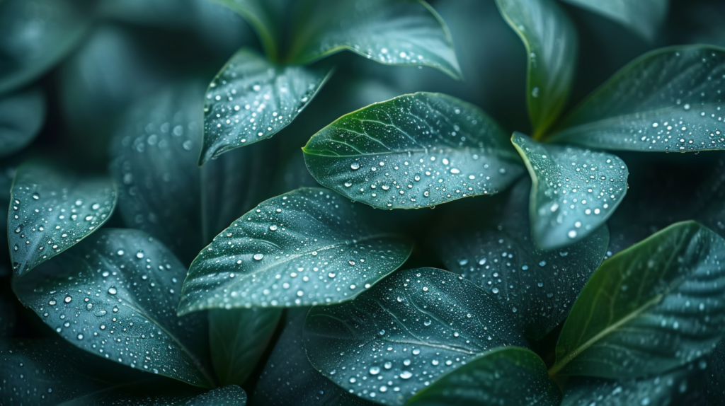 In this image, we see a close-up shot of a plant covered in delicate water droplets. The vibrant green leaf glistens with the fresh rainwater, creating a beautiful and refreshing sight. The combination of the natural green hues and the translucent droplets against a blurred background of more greenery gives a sense of tranquility and freshness. The droplets reflect the surrounding colors, including shades of blue, adding depth to the composition. This close-up view allows us to appreciate the intricate details of nature, highlighting the beauty and simplicity of a plant adorned with water droplets.