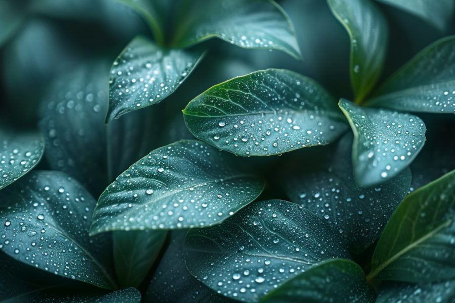 In this image, we see a close-up shot of a plant covered in delicate water droplets. The vibrant green leaf glistens with the fresh rainwater, creating a beautiful and refreshing sight. The combination of the natural green hues and the translucent droplets against a blurred background of more greenery gives a sense of tranquility and freshness. The droplets reflect the surrounding colors, including shades of blue, adding depth to the composition. This close-up view allows us to appreciate the intricate details of nature, highlighting the beauty and simplicity of a plant adorned with water droplets.