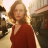 In this image, we see a woman standing on a sidewalk wearing a red sweater. She is the focal point of the scene, positioned towards the center. The woman is surrounded by other pedestrians and vehicles, adding to the urban atmosphere. The colors in the image are warm and earthy tones, with the woman''s red sweater standing out against the neutral background. The image is clear and focused, capturing the details of the woman''s outfit and the surrounding environment. Overall, it depicts a typical city street scene with a fashionable woman at its center
