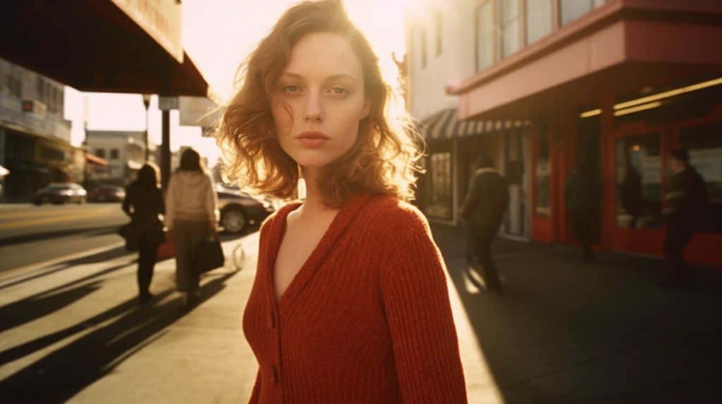 In this image, we see a woman standing on a sidewalk wearing a red sweater. She is the focal point of the scene, positioned towards the center. The woman is surrounded by other pedestrians and vehicles, adding to the urban atmosphere. The colors in the image are warm and earthy tones, with the woman''s red sweater standing out against the neutral background. The image is clear and focused, capturing the details of the woman''s outfit and the surrounding environment. Overall, it depicts a typical city street scene with a fashionable woman at its center