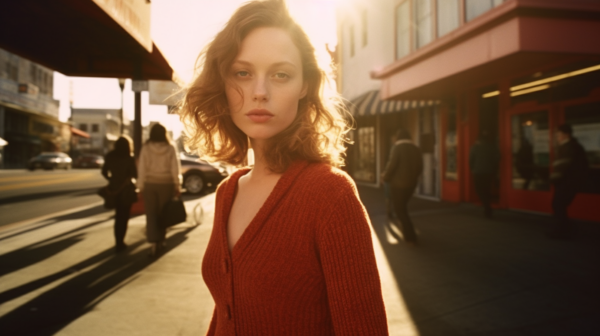 In this image, we see a woman standing on a sidewalk wearing a red sweater. She is the focal point of the scene, positioned towards the center. The woman is surrounded by other pedestrians and vehicles, adding to the urban atmosphere. The colors in the image are warm and earthy tones, with the woman''s red sweater standing out against the neutral background. The image is clear and focused, capturing the details of the woman''s outfit and the surrounding environment. Overall, it depicts a typical city street scene with a fashionable woman at its center