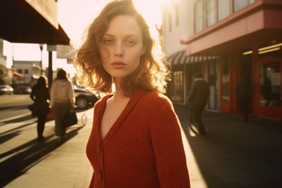 In this image, we see a woman standing on a sidewalk wearing a red sweater. She is the focal point of the scene, positioned towards the center. The woman is surrounded by other pedestrians and vehicles, adding to the urban atmosphere. The colors in the image are warm and earthy tones, with the woman''s red sweater standing out against the neutral background. The image is clear and focused, capturing the details of the woman''s outfit and the surrounding environment. Overall, it depicts a typical city street scene with a fashionable woman at its center