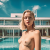 A nude woman with short blonde hair is standing elegantly in front of a sparkling swimming pool. The woman exudes confidence as she poses gracefully, showcasing her natural beauty. The pool''s crystal-clear water reflects the sunlight, creating a mesmerizing backdrop. The woman''s youthful face, estimated to be around 24 years old, radiates serenity and tranquility. Her pose accentuates her slender figure, adding to the overall aesthetic appeal of the scene. The color palette of the image consists of earthy tones like beige and brown, with accents of deep ocean blue. This serene and captivating image captures the essence of beauty and relaxation.