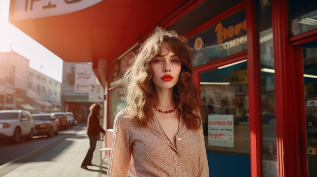 A woman with long, flowing red hair is standing on a sidewalk in front of a store. She is wearing a brown shirt and a necklace, and her lips are painted red. In the background, there are several cars parked along the road. The woman''s face is the focus of the image and she appears to be in her mid-twenties. The scene is bustling with activity, with people walking by and cars passing through. The overall atmosphere is urban and lively, capturing a moment in a busy city street.