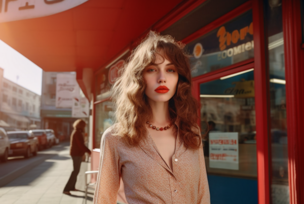 A woman with long, flowing red hair is standing on a sidewalk in front of a store. She is wearing a brown shirt and a necklace, and her lips are painted red. In the background, there are several cars parked along the road. The woman''s face is the focus of the image and she appears to be in her mid-twenties. The scene is bustling with activity, with people walking by and cars passing through. The overall atmosphere is urban and lively, capturing a moment in a busy city street.