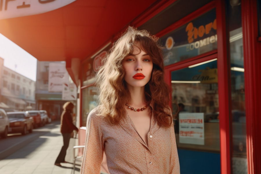 A woman with long, flowing red hair is standing on a sidewalk in front of a store. She is wearing a brown shirt and a necklace, and her lips are painted red. In the background, there are several cars parked along the road. The woman''s face is the focus of the image and she appears to be in her mid-twenties. The scene is bustling with activity, with people walking by and cars passing through. The overall atmosphere is urban and lively, capturing a moment in a busy city street.
