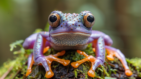 A Frog With Big Eyes Sitting On A Moss Covered Log.