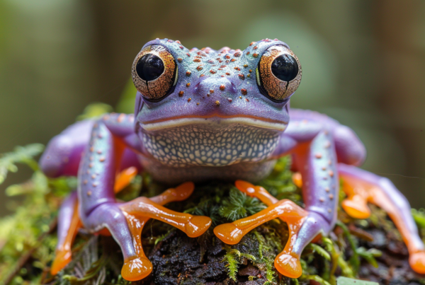 A Frog With Big Eyes Sitting On A Moss Covered Log.