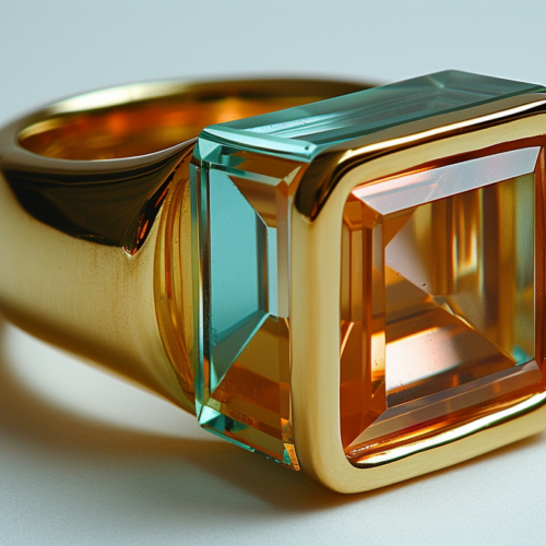 A gold ring with a green and orange stone is placed on a table. The ring features a large, rectangular cut stone that shines brightly. The table is made of dark wood and has a coffee cup sitting on it. In the background, there is a microwave and a faucet visible. The ring appears to be a luxurious piece of jewelry, with intricate detailing on the band. The colors of the ring are primarily gold, green, and orange, creating a beautiful and eye-catching contrast. This image captures a moment of elegance and sophistication.