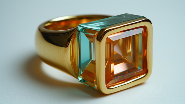 A gold ring with a green and orange stone is placed on a table. The ring features a large, rectangular cut stone that shines brightly. The table is made of dark wood and has a coffee cup sitting on it. In the background, there is a microwave and a faucet visible. The ring appears to be a luxurious piece of jewelry, with intricate detailing on the band. The colors of the ring are primarily gold, green, and orange, creating a beautiful and eye-catching contrast. This image captures a moment of elegance and sophistication.