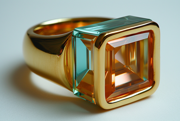 A gold ring with a green and orange stone is placed on a table. The ring features a large, rectangular cut stone that shines brightly. The table is made of dark wood and has a coffee cup sitting on it. In the background, there is a microwave and a faucet visible. The ring appears to be a luxurious piece of jewelry, with intricate detailing on the band. The colors of the ring are primarily gold, green, and orange, creating a beautiful and eye-catching contrast. This image captures a moment of elegance and sophistication.