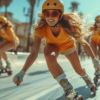 A group of women are seen riding skateboards down a street. The scene captures the dynamic movement of the women as they skate along the road. One woman is wearing a helmet and is leading the group, while another woman is wearing roller skates. The women are dressed in casual clothing, with some wearing hats and sunglasses. The street is lined with palm trees, adding a tropical feel to the setting. The colors in the image are primarily earthy tones, with accents of orange and green. Overall, it is a lively and active scene of women enjoying skateboarding together.