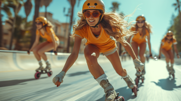 A group of women are seen riding skateboards down a street. The scene captures the dynamic movement of the women as they skate along the road. One woman is wearing a helmet and is leading the group, while another woman is wearing roller skates. The women are dressed in casual clothing, with some wearing hats and sunglasses. The street is lined with palm trees, adding a tropical feel to the setting. The colors in the image are primarily earthy tones, with accents of orange and green. Overall, it is a lively and active scene of women enjoying skateboarding together.