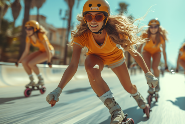 A group of women are seen riding skateboards down a street. The scene captures the dynamic movement of the women as they skate along the road. One woman is wearing a helmet and is leading the group, while another woman is wearing roller skates. The women are dressed in casual clothing, with some wearing hats and sunglasses. The street is lined with palm trees, adding a tropical feel to the setting. The colors in the image are primarily earthy tones, with accents of orange and green. Overall, it is a lively and active scene of women enjoying skateboarding together.