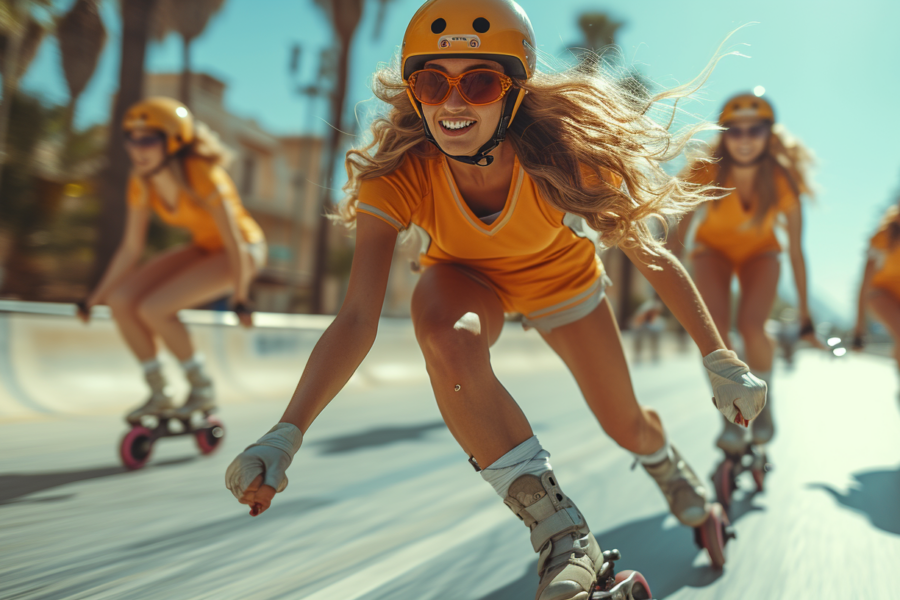 A group of women are seen riding skateboards down a street. The scene captures the dynamic movement of the women as they skate along the road. One woman is wearing a helmet and is leading the group, while another woman is wearing roller skates. The women are dressed in casual clothing, with some wearing hats and sunglasses. The street is lined with palm trees, adding a tropical feel to the setting. The colors in the image are primarily earthy tones, with accents of orange and green. Overall, it is a lively and active scene of women enjoying skateboarding together.