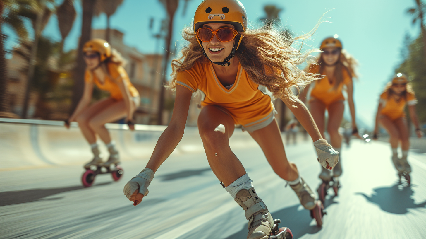 A group of women are seen riding skateboards down a street. The scene captures the dynamic movement of the women as they skate along the road. One woman is wearing a helmet and is leading the group, while another woman is wearing roller skates. The women are dressed in casual clothing, with some wearing hats and sunglasses. The street is lined with palm trees, adding a tropical feel to the setting. The colors in the image are primarily earthy tones, with accents of orange and green. Overall, it is a lively and active scene of women enjoying skateboarding together.