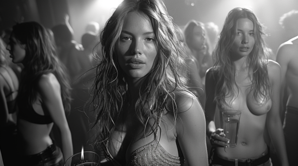 In this black and white photo, a woman in a bikini top is standing in a crowd of people. She has long, wet hair and appears to be holding a cell phone. The woman is surrounded by a diverse group of individuals, some of whom are also holding cups. The scene suggests a lively party atmosphere, possibly in a nightclub setting. The focus is on the woman''s striking appearance and confident stance amidst the bustling crowd. The image captures a moment of fun and excitement, with everyone seemingly enjoying themselves in the background.