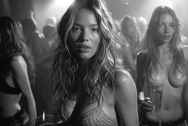 In this black and white photo, a woman in a bikini top is standing in a crowd of people. She has long, wet hair and appears to be holding a cell phone. The woman is surrounded by a diverse group of individuals, some of whom are also holding cups. The scene suggests a lively party atmosphere, possibly in a nightclub setting. The focus is on the woman''s striking appearance and confident stance amidst the bustling crowd. The image captures a moment of fun and excitement, with everyone seemingly enjoying themselves in the background.