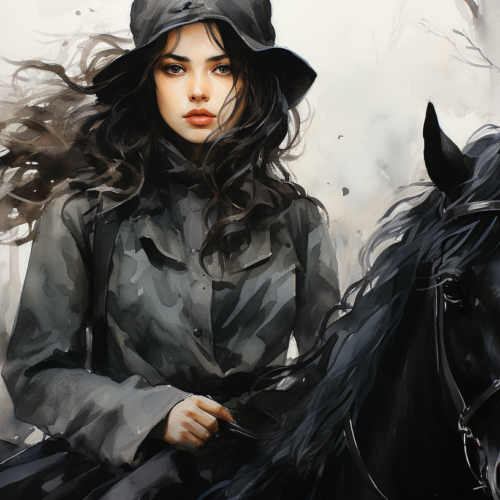 In this painting, we see a woman riding a black horse in a lush forest setting. The woman is wearing a hat and appears to be enjoying a leisurely ride through nature. The horse is strong and majestic, with a beautiful coat. The woman''s outfit includes a coat and she exudes a sense of grace and confidence. The scene is peaceful and serene, capturing a moment of tranquility and connection between the woman and her horse. The colors in the painting are predominantly dark and earthy, adding to the peaceful atmosphere of the forest setting.