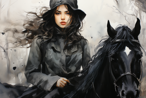 In this painting, we see a woman riding a black horse in a lush forest setting. The woman is wearing a hat and appears to be enjoying a leisurely ride through nature. The horse is strong and majestic, with a beautiful coat. The woman''s outfit includes a coat and she exudes a sense of grace and confidence. The scene is peaceful and serene, capturing a moment of tranquility and connection between the woman and her horse. The colors in the painting are predominantly dark and earthy, adding to the peaceful atmosphere of the forest setting.