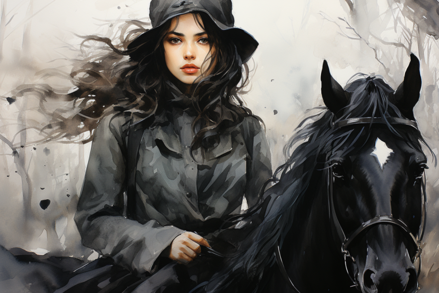 In this painting, we see a woman riding a black horse in a lush forest setting. The woman is wearing a hat and appears to be enjoying a leisurely ride through nature. The horse is strong and majestic, with a beautiful coat. The woman''s outfit includes a coat and she exudes a sense of grace and confidence. The scene is peaceful and serene, capturing a moment of tranquility and connection between the woman and her horse. The colors in the painting are predominantly dark and earthy, adding to the peaceful atmosphere of the forest setting.