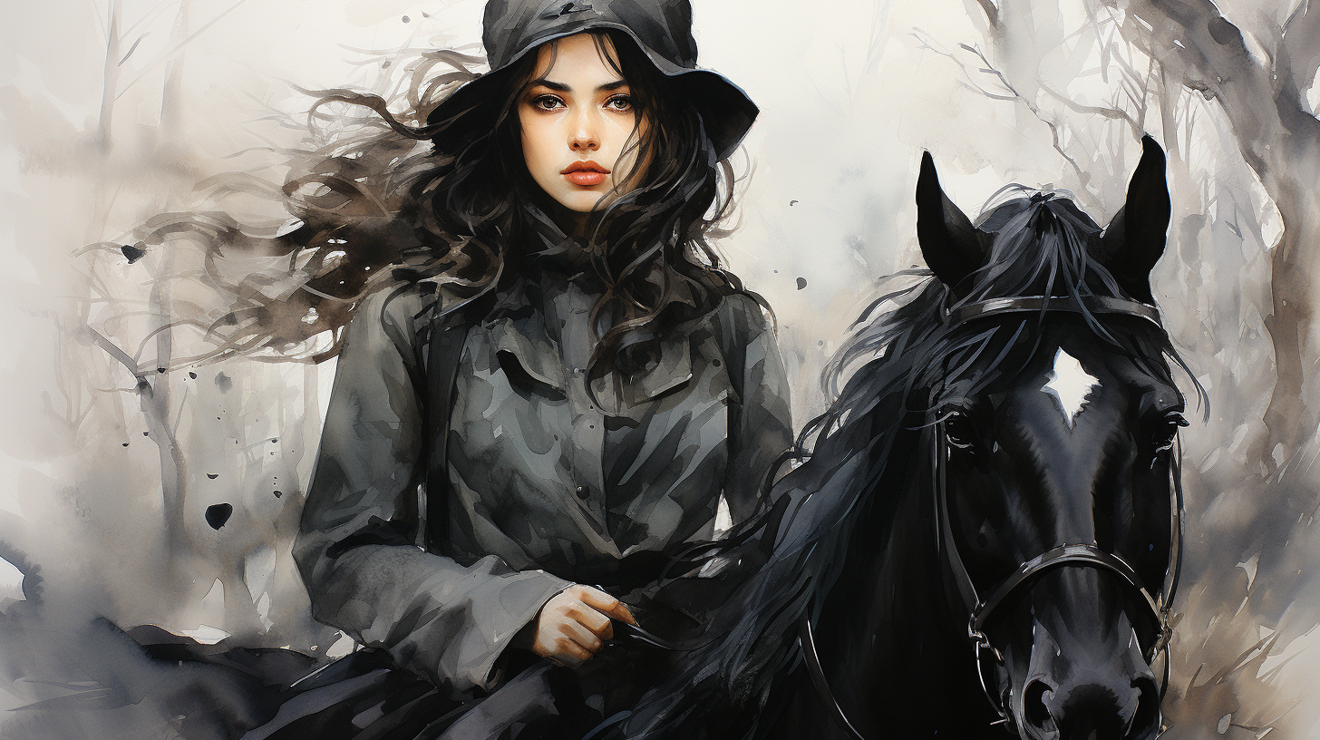 In this painting, we see a woman riding a black horse in a lush forest setting. The woman is wearing a hat and appears to be enjoying a leisurely ride through nature. The horse is strong and majestic, with a beautiful coat. The woman''s outfit includes a coat and she exudes a sense of grace and confidence. The scene is peaceful and serene, capturing a moment of tranquility and connection between the woman and her horse. The colors in the painting are predominantly dark and earthy, adding to the peaceful atmosphere of the forest setting.