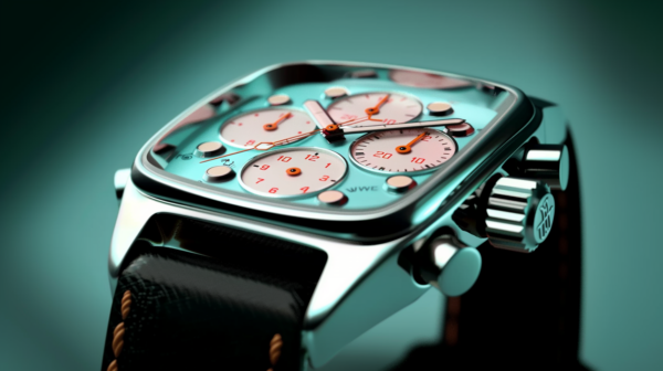 A close-up image of a watch with a blue face is shown in this photo. The watch has a striking blue dial, which contrasts beautifully with the brown strap. The intricate details of the watch face can be seen clearly, with the time displayed prominently. The overall color scheme of the watch includes shades of blue, brown, and black. The background of the image appears to be dark, suggesting that the watch may be photographed at night. The watch itself appears to be a stylish and modern design, with gears and other elements visible on the face.