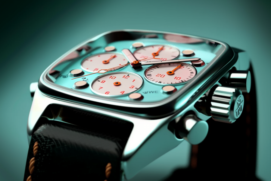 A close-up image of a watch with a blue face is shown in this photo. The watch has a striking blue dial, which contrasts beautifully with the brown strap. The intricate details of the watch face can be seen clearly, with the time displayed prominently. The overall color scheme of the watch includes shades of blue, brown, and black. The background of the image appears to be dark, suggesting that the watch may be photographed at night. The watch itself appears to be a stylish and modern design, with gears and other elements visible on the face.