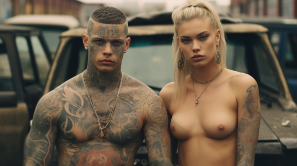 In this image, we see a man and a woman standing next to each other. The man is wearing a chain necklace and has a tattoo on his chest. The woman is nude, with tattoos and piercings on her body. They are both standing next to a car. The man''s tattoo is visible on his chest, while the woman''s tattoos are on her arms. The man appears to be in his early twenties, while the woman looks to be in her mid-twenties. The setting is outdoors, with a dark color palette dominating the scene