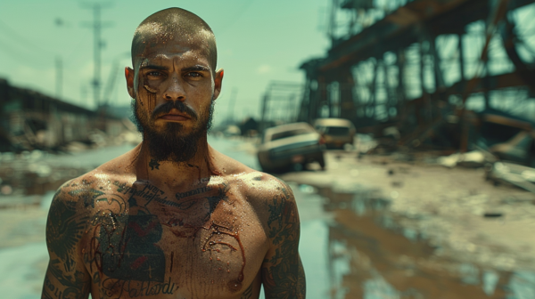 A man with tattoos on his chest is standing in a dirty area, surrounded by a car and a van. The man appears to be muscular and has a beard. The tattoos on his chest are visible, adding to his rugged appearance. The area he is in looks gritty and urban, with debris scattered around. The car and van in the background are slightly blurry, indicating movement in the scene. The man exudes a sense of toughness and confidence as he stands in this rough environment. The overall atmosphere is one of urban decay and edginess.