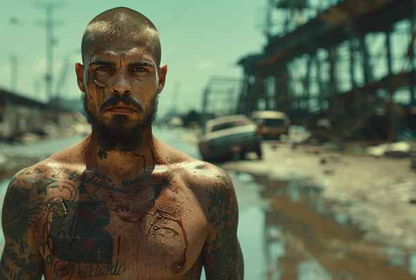 A man with tattoos on his chest is standing in a dirty area, surrounded by a car and a van. The man appears to be muscular and has a beard. The tattoos on his chest are visible, adding to his rugged appearance. The area he is in looks gritty and urban, with debris scattered around. The car and van in the background are slightly blurry, indicating movement in the scene. The man exudes a sense of toughness and confidence as he stands in this rough environment. The overall atmosphere is one of urban decay and edginess.