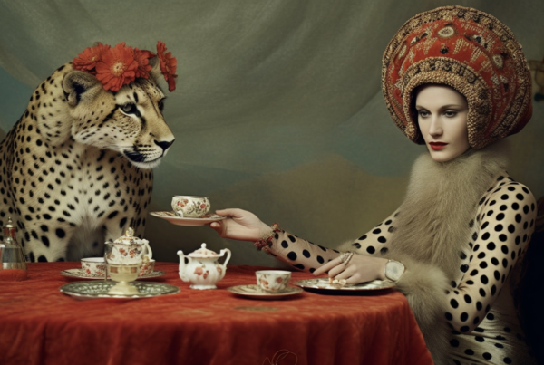 In this image, a woman wearing a leopard costume is sitting at a table with a leopard. The woman is also wearing a hat and is holding a tea cup. The table is covered with a red tablecloth, and there are plates, a tea pot, a bottle, and a cup on the table. The woman''s outfit resembles that of a cheetah, and she is surrounded by a black and white color scheme. Additionally, there is a polka dot dress and a fur collar visible. The woman appears to be in her late twenties and is of female gender