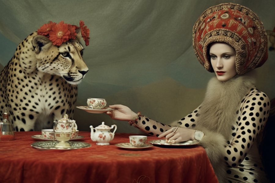 In this image, a woman wearing a leopard costume is sitting at a table with a leopard. The woman is also wearing a hat and is holding a tea cup. The table is covered with a red tablecloth, and there are plates, a tea pot, a bottle, and a cup on the table. The woman''s outfit resembles that of a cheetah, and she is surrounded by a black and white color scheme. Additionally, there is a polka dot dress and a fur collar visible. The woman appears to be in her late twenties and is of female gender