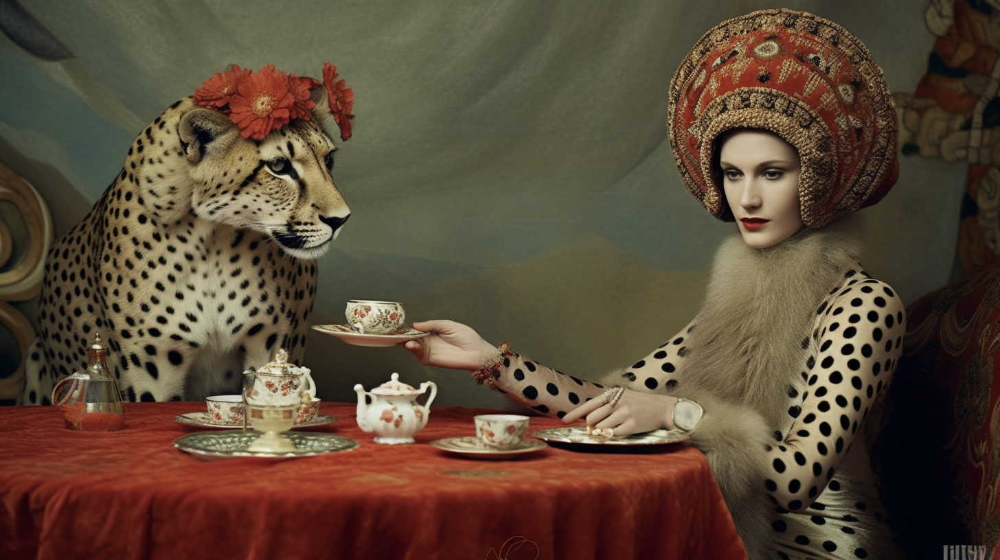 In this image, a woman wearing a leopard costume is sitting at a table with a leopard. The woman is also wearing a hat and is holding a tea cup. The table is covered with a red tablecloth, and there are plates, a tea pot, a bottle, and a cup on the table. The woman''s outfit resembles that of a cheetah, and she is surrounded by a black and white color scheme. Additionally, there is a polka dot dress and a fur collar visible. The woman appears to be in her late twenties and is of female gender