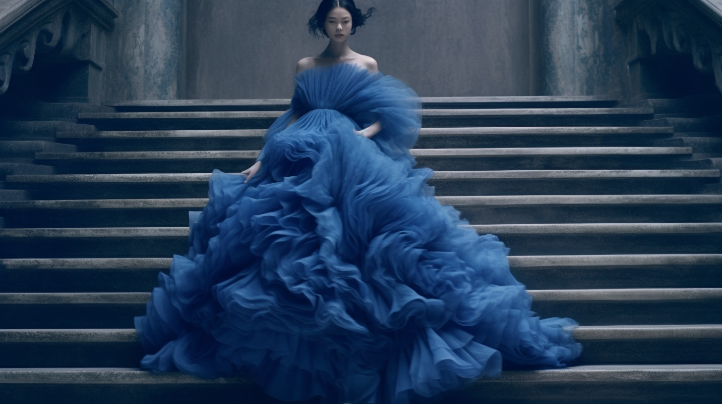 A young woman with long brown hair is seated gracefully on a grand staircase, wearing a stunning blue gown. The gown flows elegantly around her, creating a striking contrast against the neutral stone of the stairs. The woman exudes poise and elegance as she gazes off into the distance, lost in thought. The intricate details of the gown''s design are highlighted by the soft lighting, making it appear even more regal. The scene conveys a sense of beauty and sophistication, with the woman serving as a captivating focal point in this architectural setting.