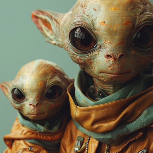 Two alien statues are depicted standing next to each other in this image. The statues are intricately detailed, portraying humanoid figures with elongated limbs, large eyes, and unique facial features. The statues appear to be made of ceramic or a similar material, with a textured surface that gives them a lifelike quality. The color scheme of the statues includes shades of brown, cream, and gold. The background is a solid green color, providing a stark contrast to the statues. The statues are positioned in a way that suggests they are interacting with each other, creating a sense of connection between the two otherworldly beings.