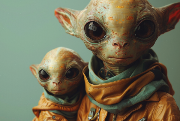 Two alien statues are depicted standing next to each other in this image. The statues are intricately detailed, portraying humanoid figures with elongated limbs, large eyes, and unique facial features. The statues appear to be made of ceramic or a similar material, with a textured surface that gives them a lifelike quality. The color scheme of the statues includes shades of brown, cream, and gold. The background is a solid green color, providing a stark contrast to the statues. The statues are positioned in a way that suggests they are interacting with each other, creating a sense of connection between the two otherworldly beings.
