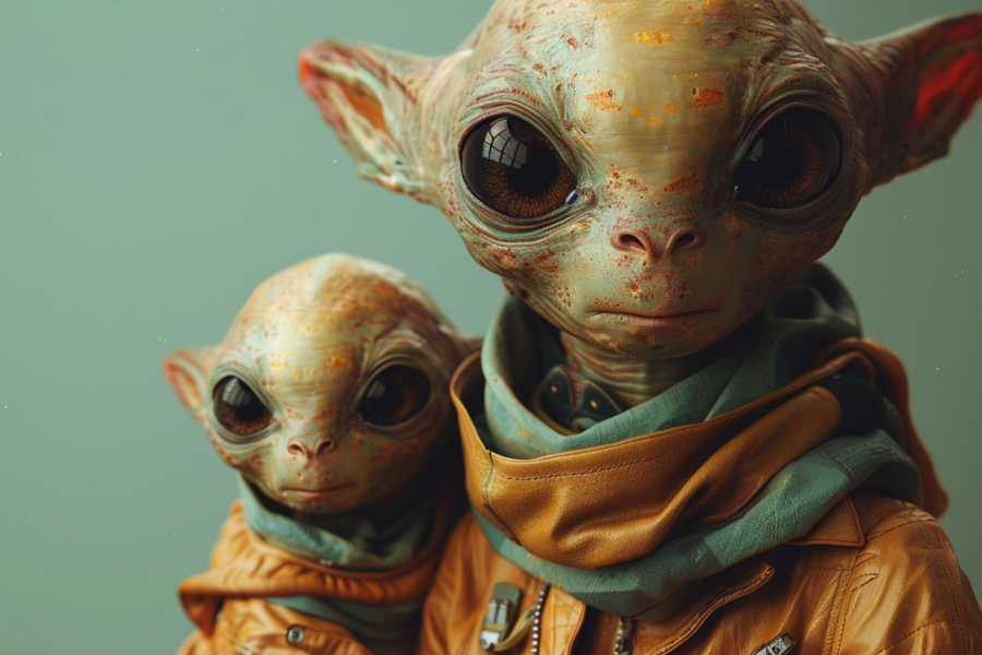 Two alien statues are depicted standing next to each other in this image. The statues are intricately detailed, portraying humanoid figures with elongated limbs, large eyes, and unique facial features. The statues appear to be made of ceramic or a similar material, with a textured surface that gives them a lifelike quality. The color scheme of the statues includes shades of brown, cream, and gold. The background is a solid green color, providing a stark contrast to the statues. The statues are positioned in a way that suggests they are interacting with each other, creating a sense of connection between the two otherworldly beings.