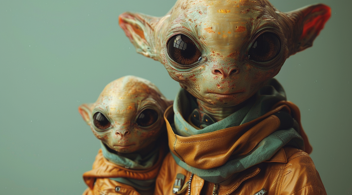 Two alien statues are depicted standing next to each other in this image. The statues are intricately detailed, portraying humanoid figures with elongated limbs, large eyes, and unique facial features. The statues appear to be made of ceramic or a similar material, with a textured surface that gives them a lifelike quality. The color scheme of the statues includes shades of brown, cream, and gold. The background is a solid green color, providing a stark contrast to the statues. The statues are positioned in a way that suggests they are interacting with each other, creating a sense of connection between the two otherworldly beings.