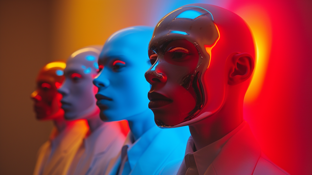 In the image, there is a group of mannequins with glowing faces. One mannequin is wearing a futuristic helmet with a red light emanating from it. Another mannequin is depicted with a blue background and a futuristic face. The mannequins have glowing eyes and appear to be illuminated with red and blue lights. The scene gives off a surreal and mysterious vibe. The mannequins are positioned in a way that creates a captivating and intriguing display. Overall, the image conveys a sense of futuristic technology and artistic expression through the use of glowing faces and unique headgear.