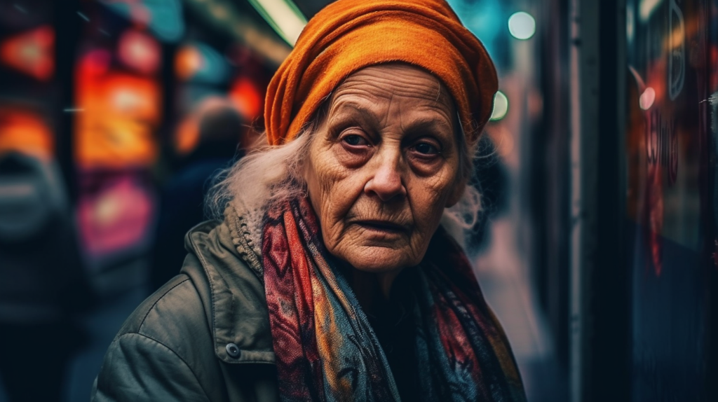 In this image, we see a close-up portrait of an elderly woman wearing a red hat and scarf. The woman has a serene expression on her face, exuding a sense of wisdom and grace. Her red turban and scarf complement her dark clothing, adding a pop of color to the image. The focus is on her face, highlighting her features and character. The colors in the image are primarily earthy tones, with accents of orange and brown. The woman''s age is estimated to be around 70, and she is identified as female. This image captures a moment of quiet beauty and elegance.
